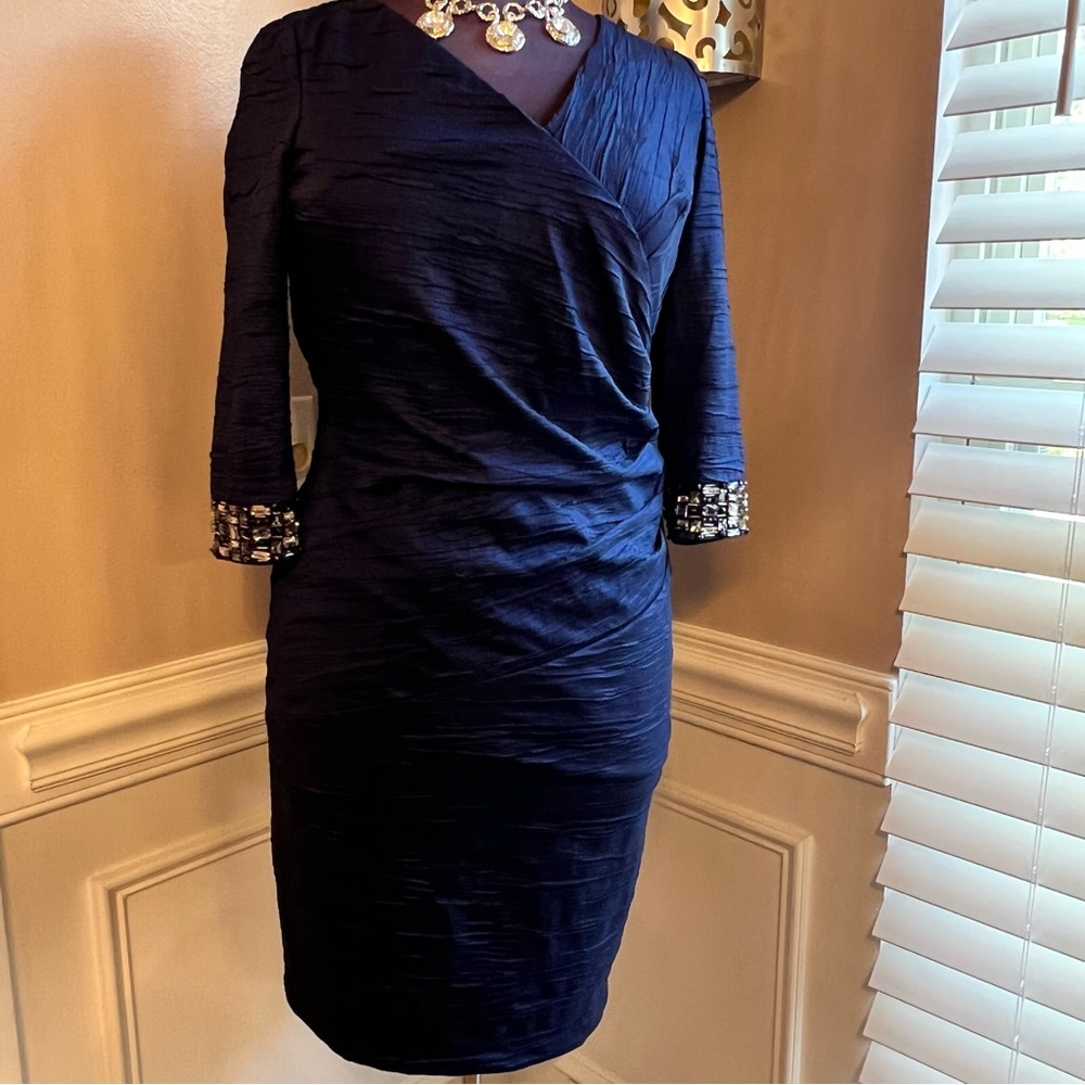 Elegant! Eliza J Navy Blue Cocktail Dress Rhinestone embellished Cuff Sleeve 14